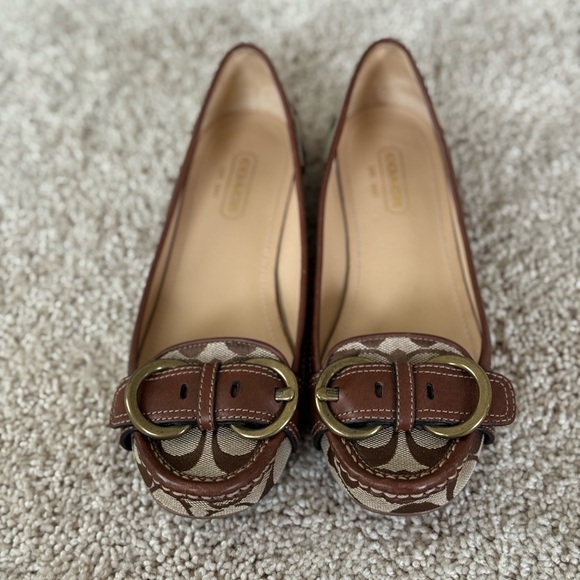 Coach Brown and Tan Leather Flats with Embellished Toe - Picture 1 of 6